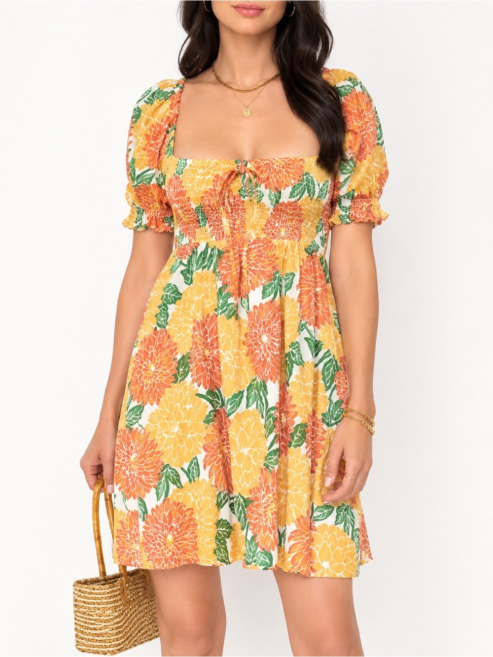 House Of Harlow 1960 Sunny Floral Smocked Puff Sleeve Mini Dress Size Medium